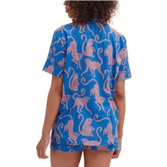 Desmond & Dempsey Monkey Pajama Short Set Chango Blue/Pink Size Large - Picture 2 of 16